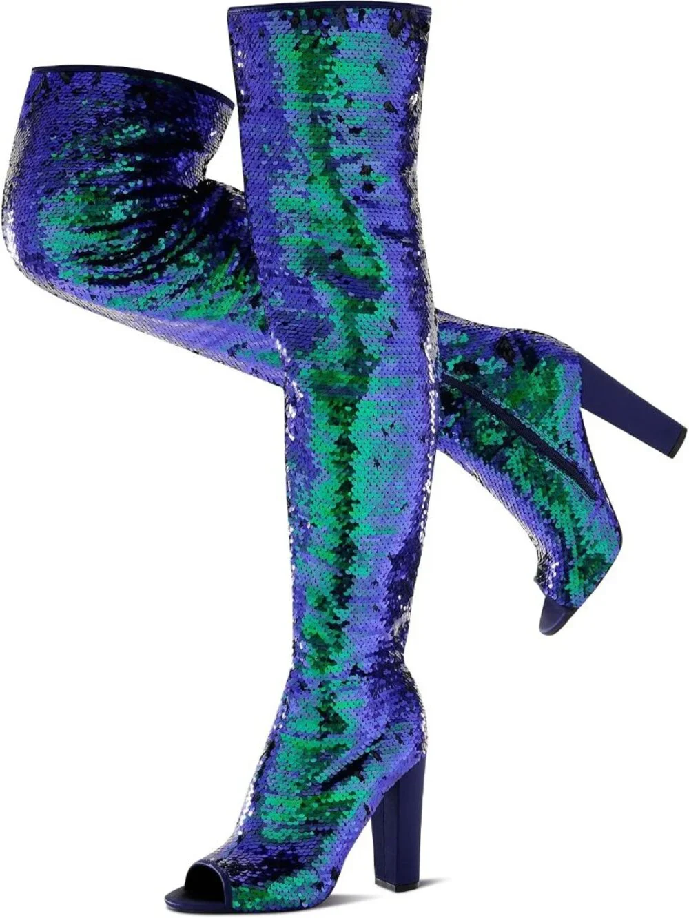 Women's Blue Chunky High Heels Open Toe Sequin Over The Knee Thigh High Boots